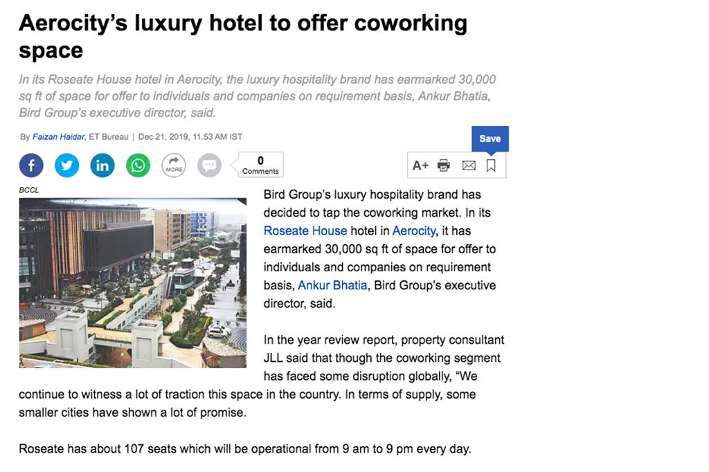Aerocity’s luxury hotel to offer coworking space